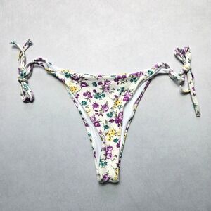 White Flower Ribbed Thong Tie‎ Swim Beach Flirty Boho Bikini Bottom L Large